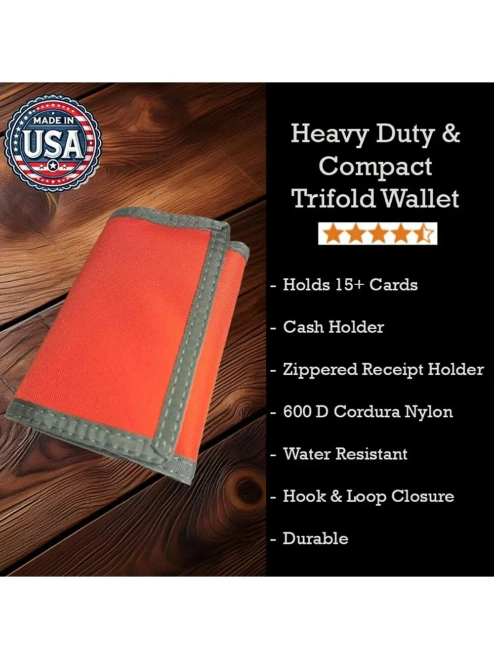 Bright Orange Trifold Wallet with ID Slot & Hook n Loop Closure - USA Made